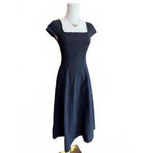 NEW KLD. SIGNATURE women's square neck cap sleeve midi dress in navy blue
